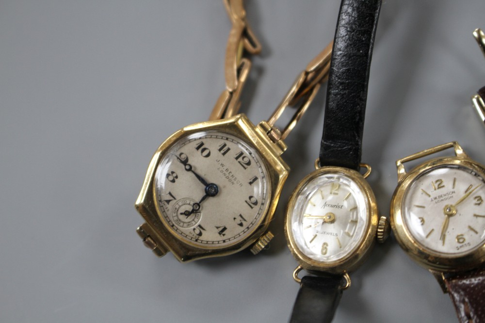 Three ladys 9ct gold manual wind wrist watches, J.W. Benson(2) and Accurist,